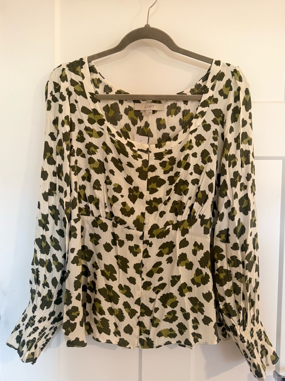 LOFT Olive Green and Cream Animal Print Button-Front Blouse